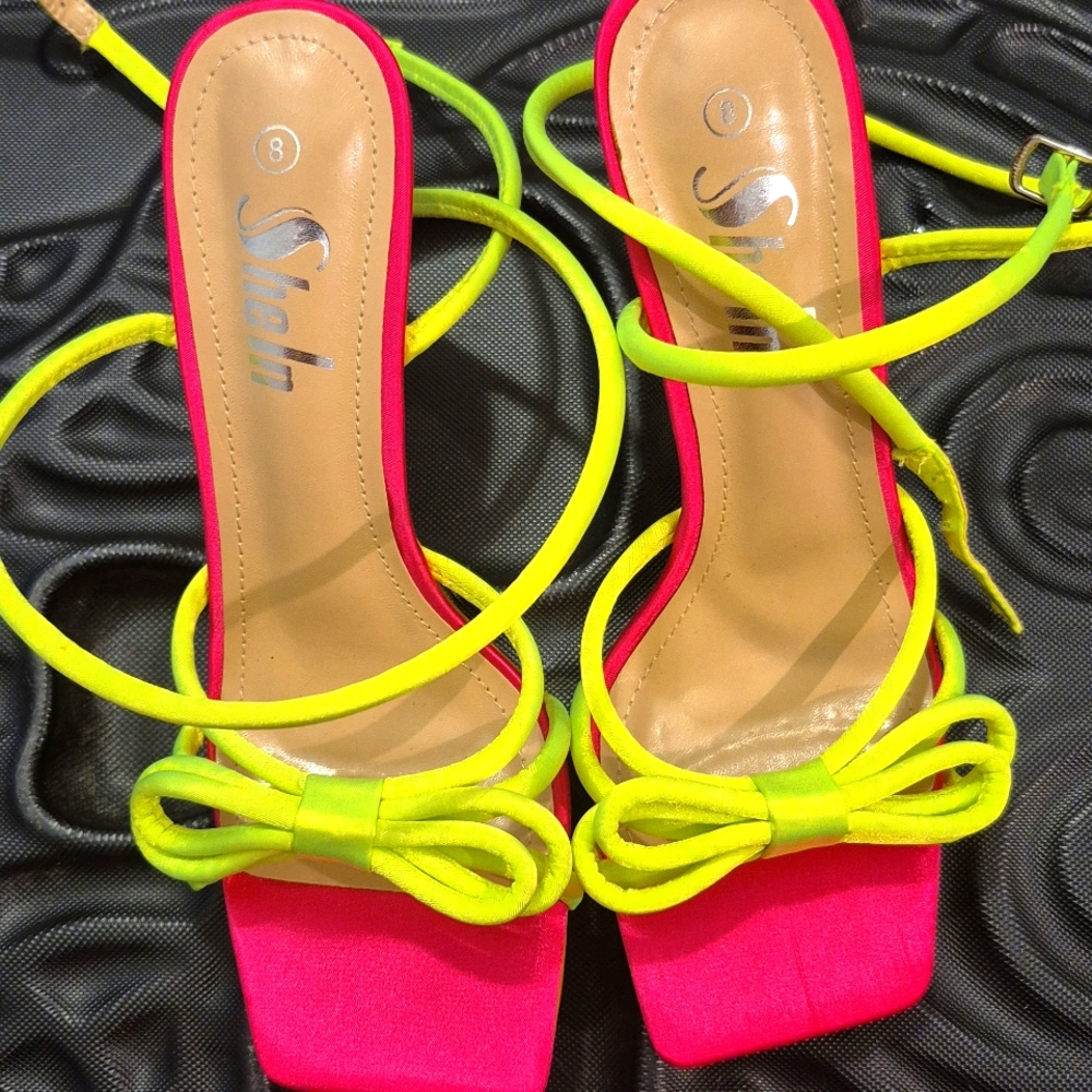 Shein Pink and Neon Yellow Women's Strappy Sandals